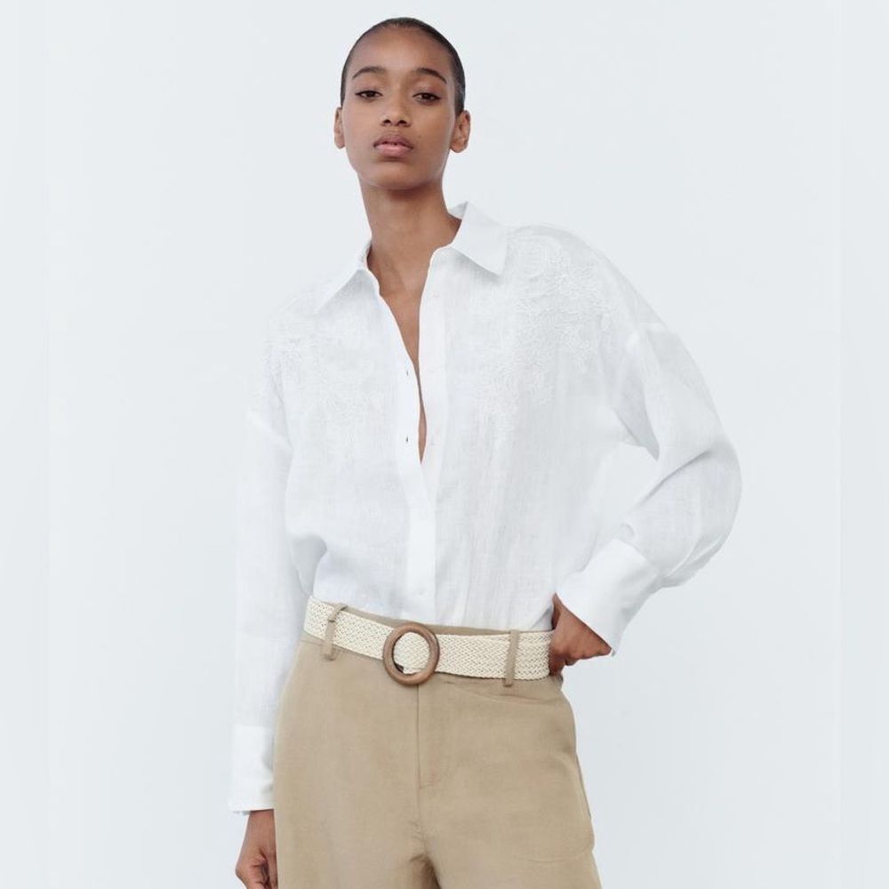 ZARA EMBROIDERED 100% LINEN SHIRTWHITE